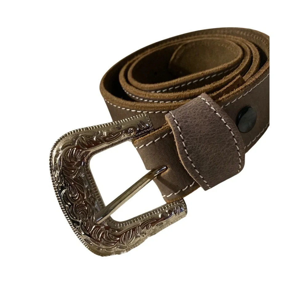 F&L Classic Brown Full Grain Leather Western Belt Silver Engraved Buckle Mens 38